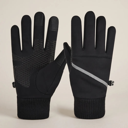 BergHeat Dämmer Winterhandschuhe in Schwarz: Innenhand mit Griffmuster und Handrücken mit Reflektorstreifen
