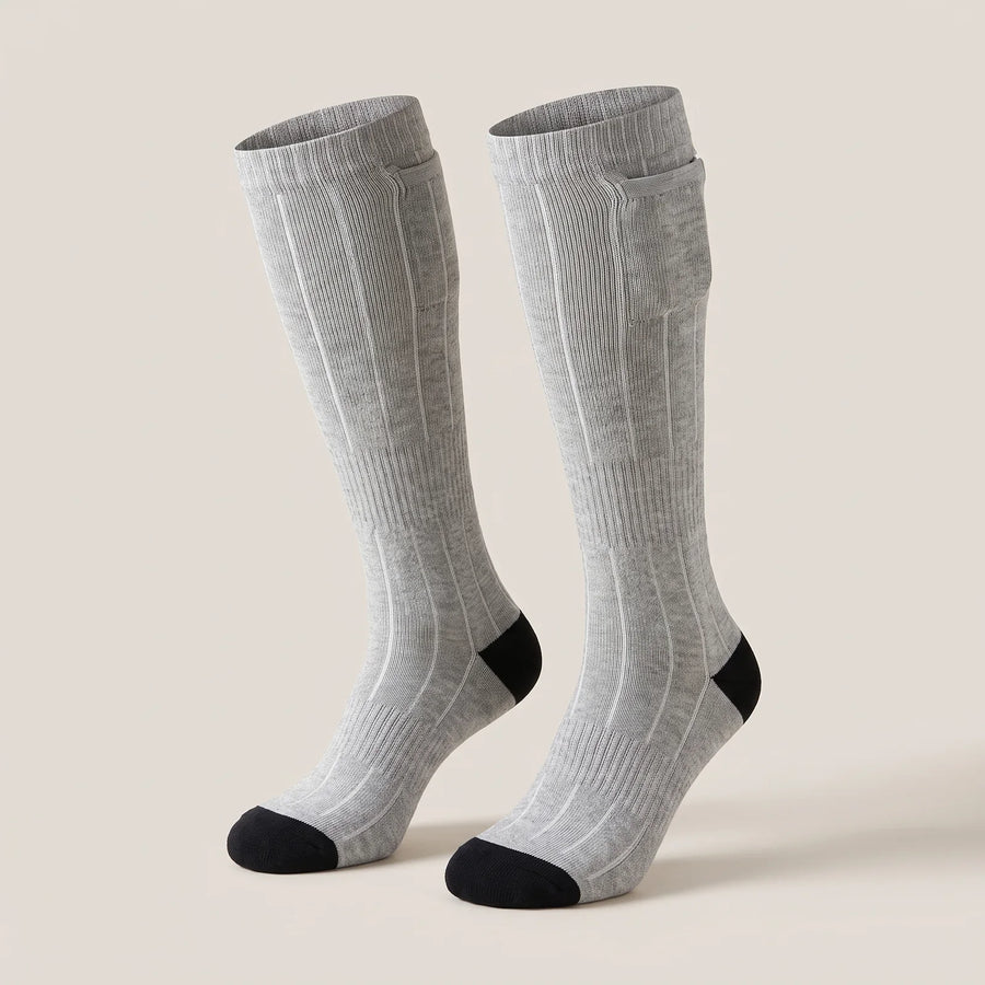 BergHeat Stomp 2.0 heated knee-high socks in grey with black heel and cuff pocket