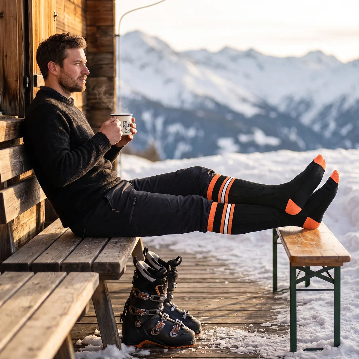 Man on a mountain hut terrace after a ski tour, feet up in heated knee-high socks