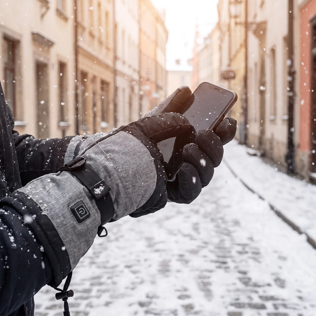 Mit den Handschuhen Gipfel in Grau das Handy bedienen, verschneite Altstadtgasse