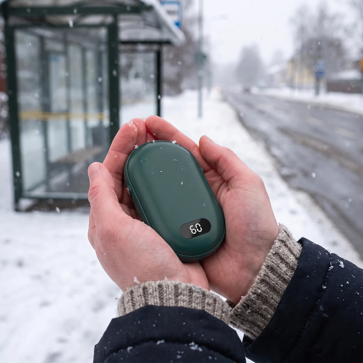 Zwei Hände halten den grünen Handwärmer an einer verschneiten Bushaltestelle