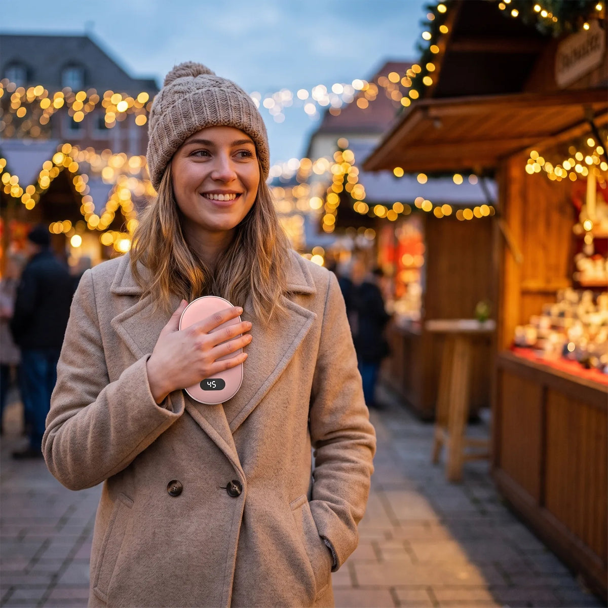 Frau mit rosa Handwärmer auf dem Weihnachtsmarkt