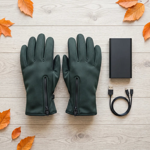 In the box: BergHeat Grip heated gloves with power bank and Y cable on a wooden table