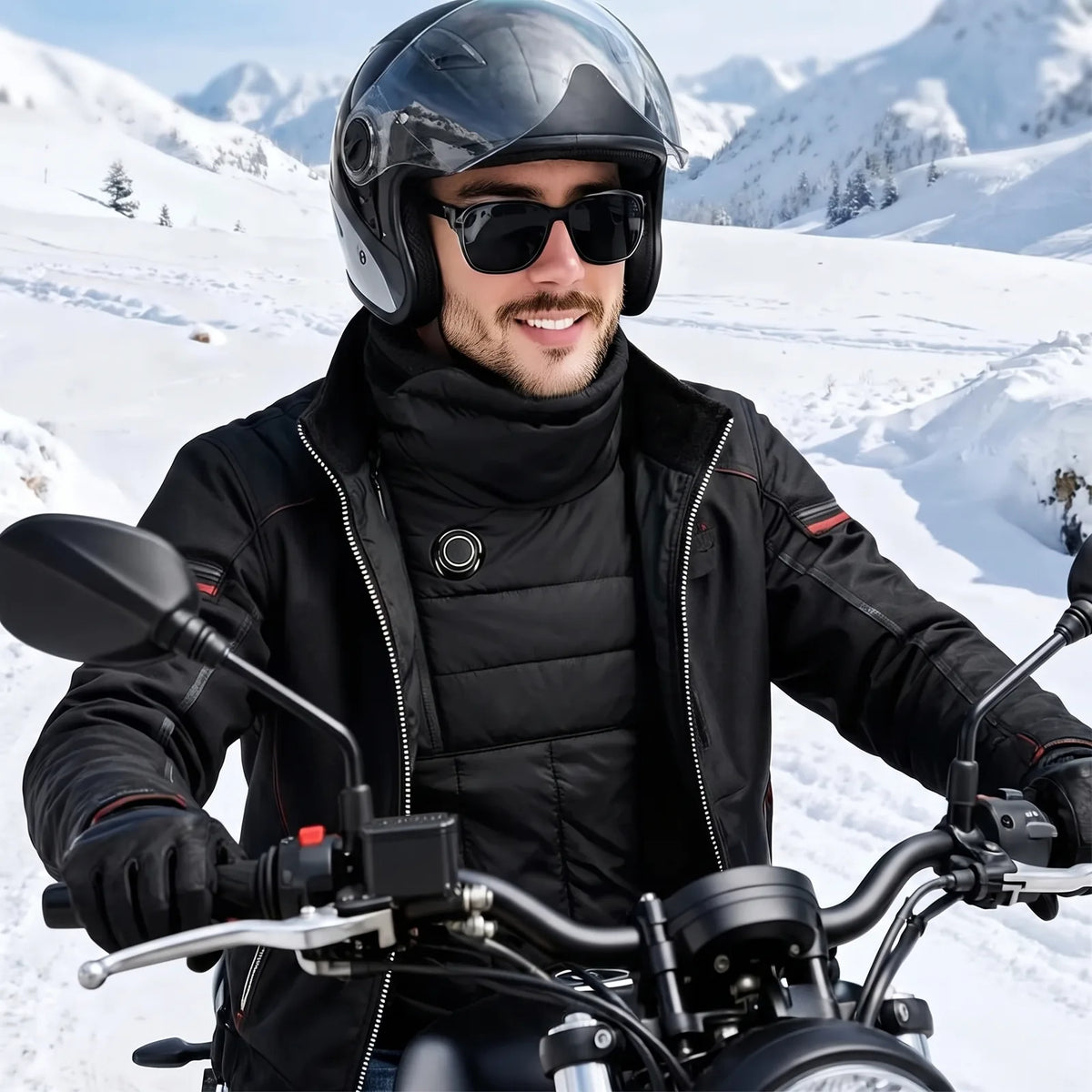 Motorcyclist in the snow with an open jacket and the heated neck and chest warmer underneath