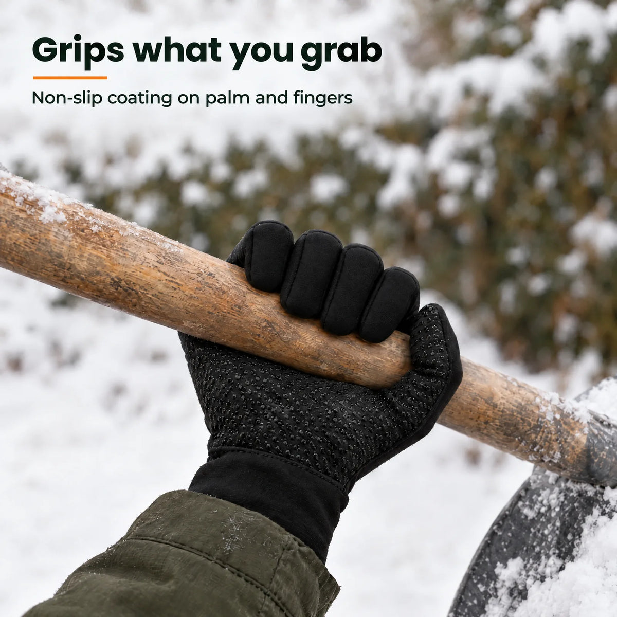 Palm of the Grip glove on the handle of a snow shovel – non-slip dots on palm and fingers