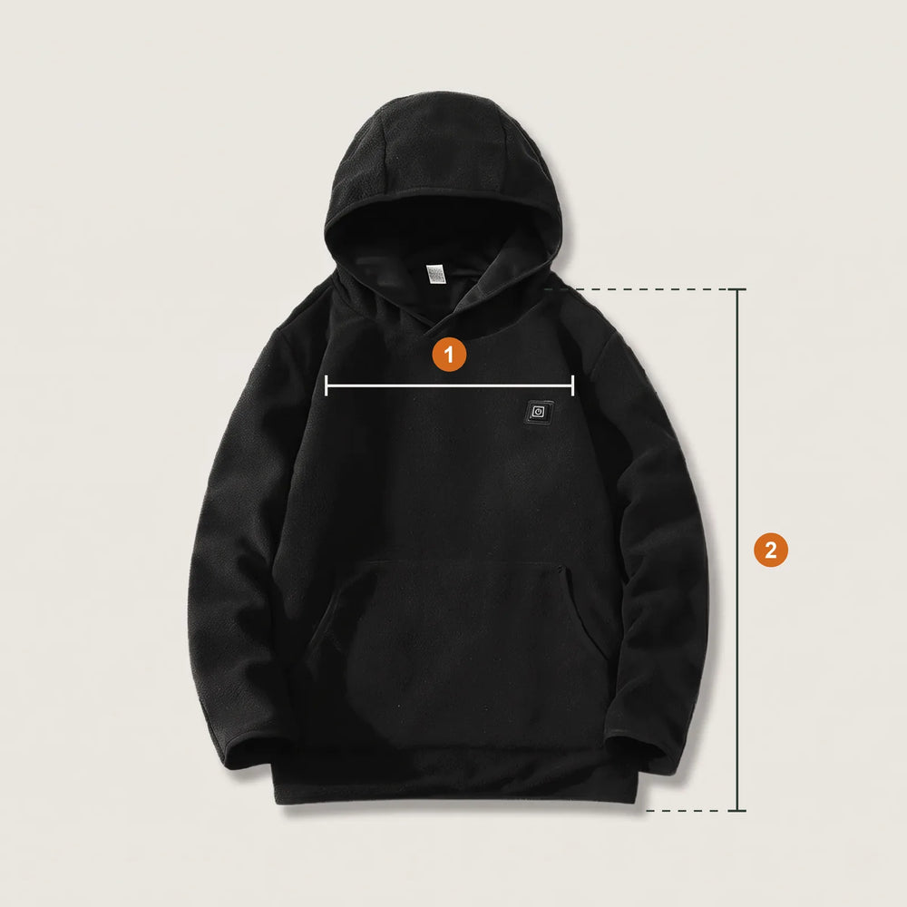 Hoodie laid flat with two measuring lines: 1 chest, 2 length