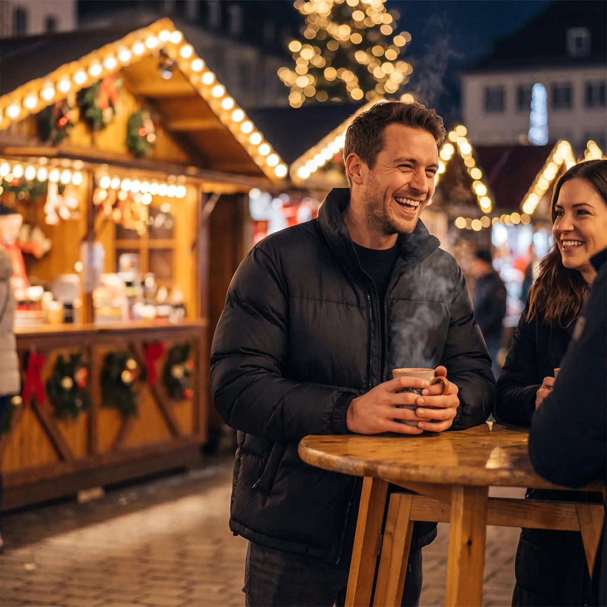 Mann in der Massiv-Jacke mit heißer Tasse auf dem Weihnachtsmarkt