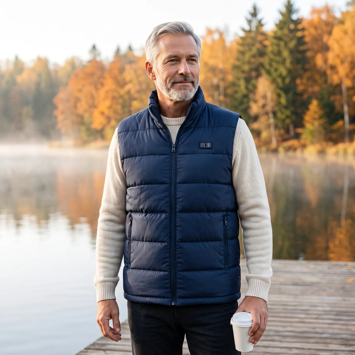 Man wearing the BergHeat Ridge heated vest in navy by a lake in autumn