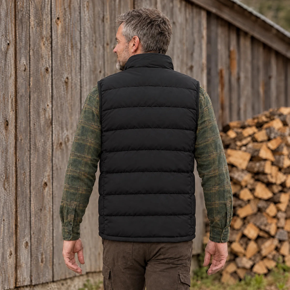 Back view of the Ridge heated vest, the man walks towards the woodpile