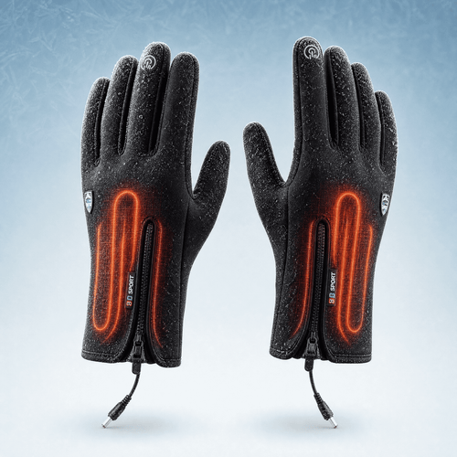 Heated gloves as a pair, with the heating elements on the back of the hand marked